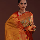 Orange Kanjivaram Tissue Saree With Leaf Patterns