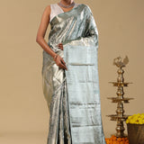 Dark Green Kanjivaram Tissue Saree With Floral Design