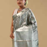 Dark Green Kanjivaram Tissue Saree With Floral Design