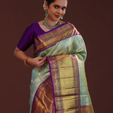 Light Mint Blue Kanjivaram Tissue Saree With Contrast Border