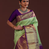 Mint Green Kanjivaram Silk Saree With Checks Pattern