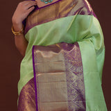 Mint Green Kanjivaram Silk Saree With Checks Pattern