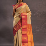 Beige Kanjivaram Tissue Silk Saree With Magenta Border