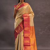 Beige Kanjivaram Tissue Silk Saree With Magenta Border