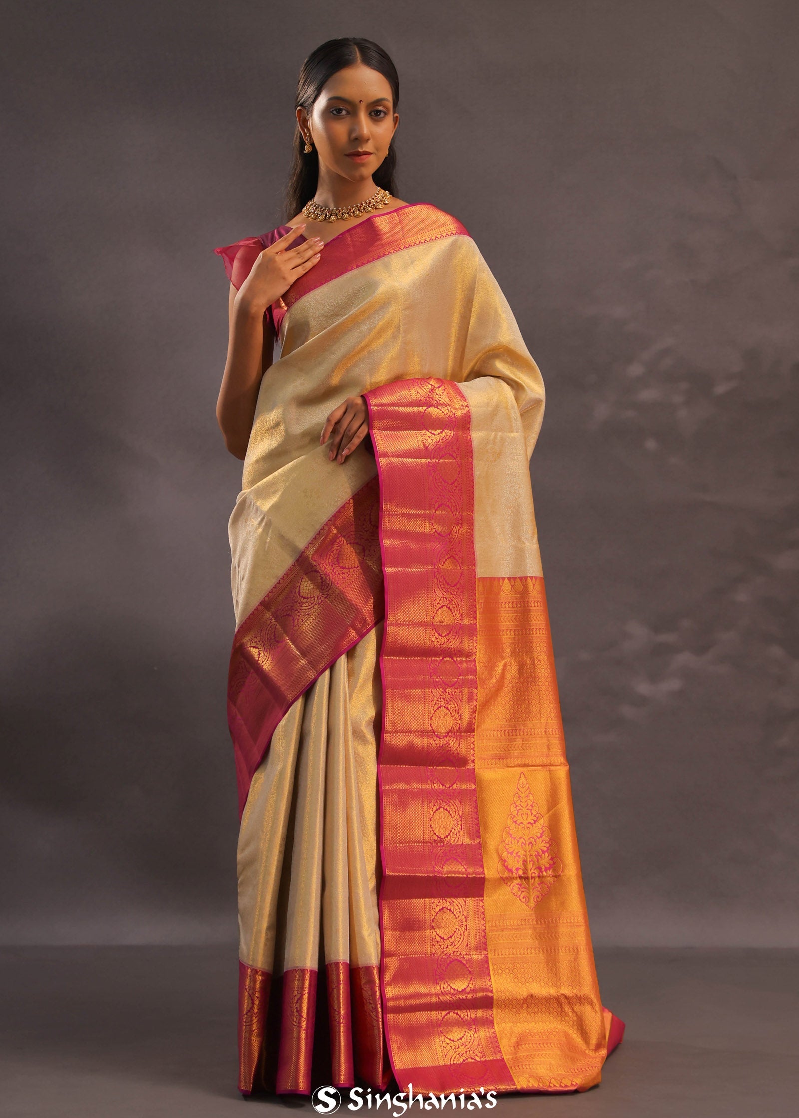 Beige Kanjivaram Tissue Silk Saree With Magenta Border