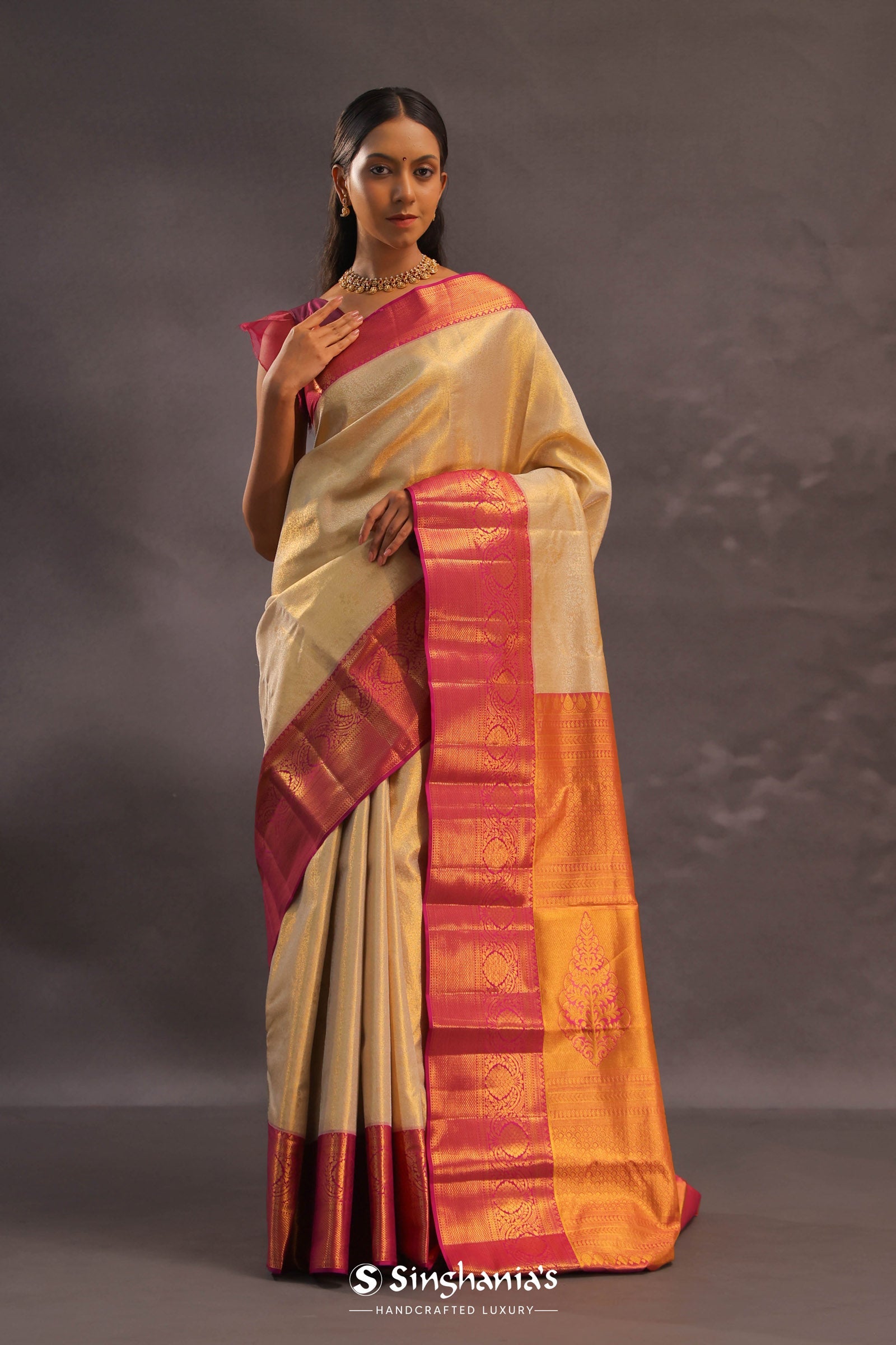 Beige Kanjivaram Tissue Silk Saree With Magenta Border