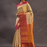 Beige Kanjivaram Tissue Silk Saree With Magenta Border