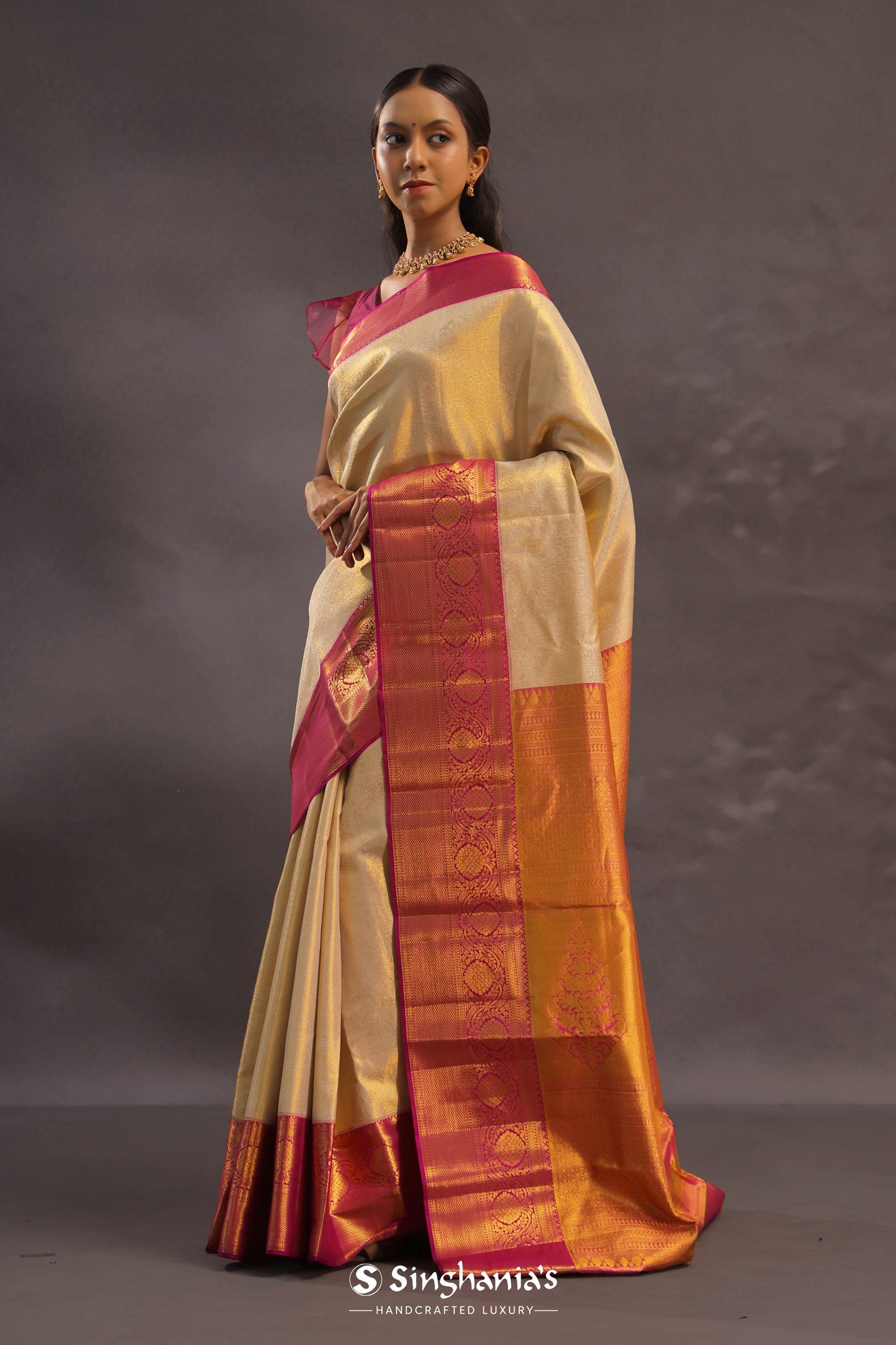Beige Kanjivaram Tissue Silk Saree With Magenta Border