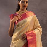 Beige Kanjivaram Tissue Silk Saree With Magenta Border