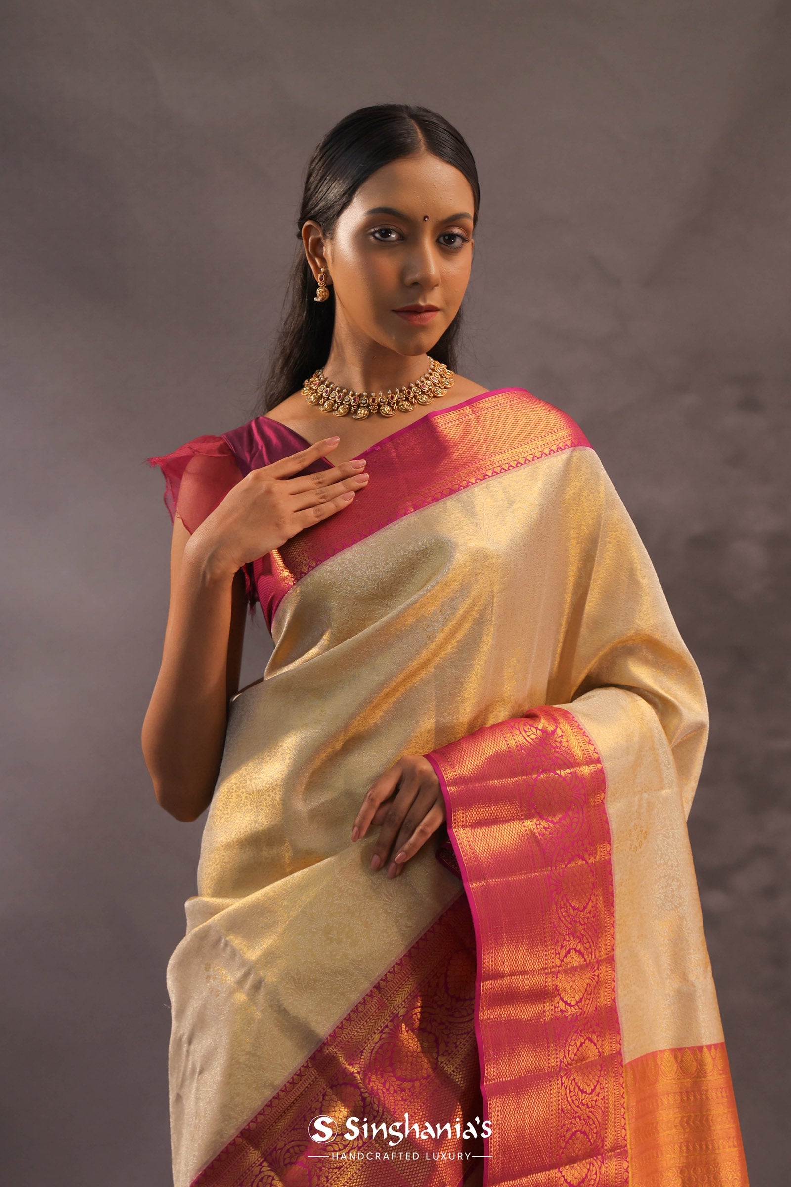 Beige Kanjivaram Tissue Silk Saree With Magenta Border