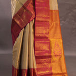 Beige Kanjivaram Tissue Silk Saree With Magenta Border