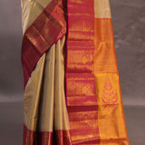 Beige Kanjivaram Tissue Silk Saree With Magenta Border