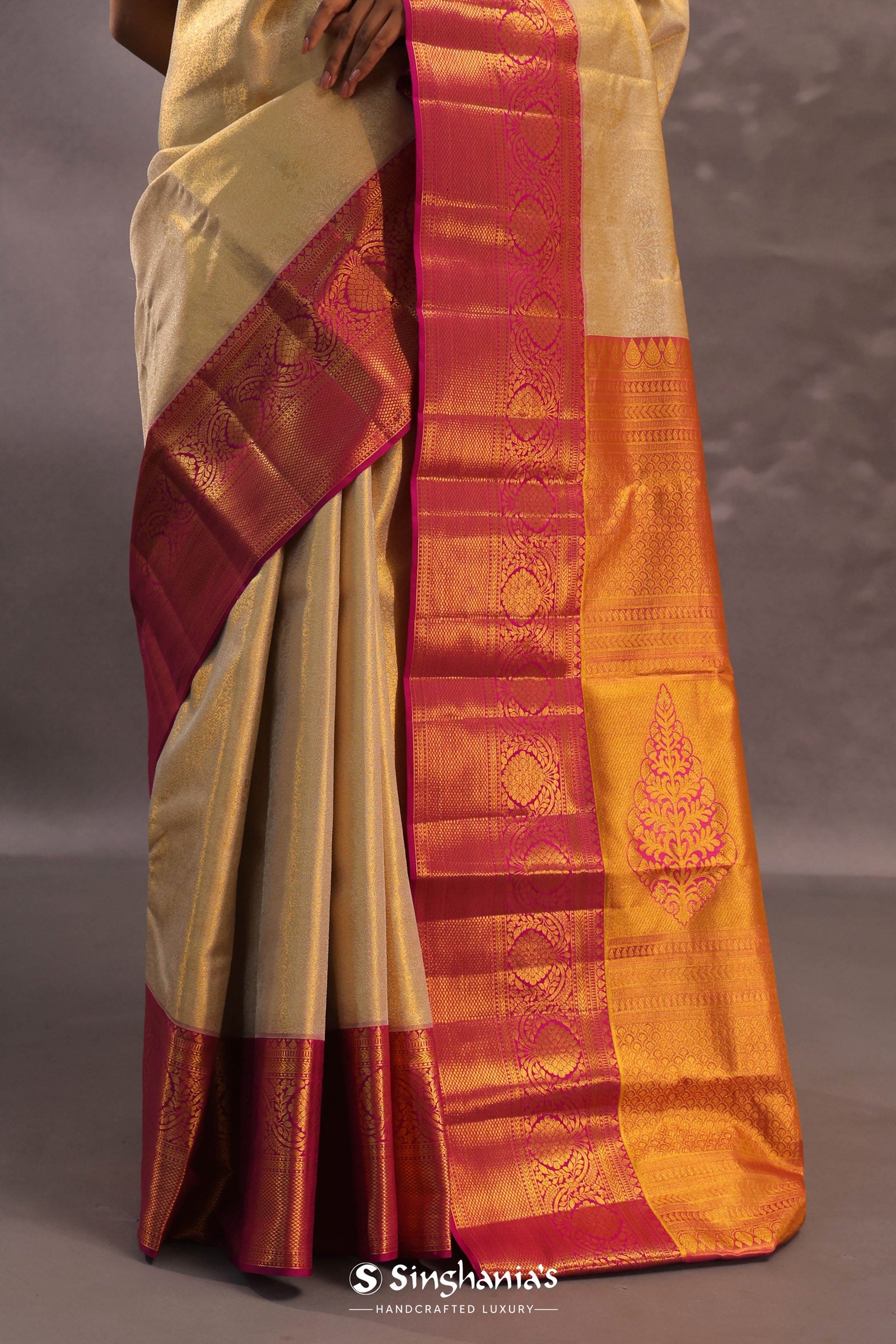 Beige Kanjivaram Tissue Silk Saree With Magenta Border