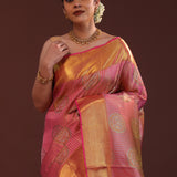 Deep Pink Kanjivaram Tissue Saree With Stripes