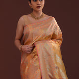 Dark Peach Kanjivaram Tissue Saree With Floral Weaving