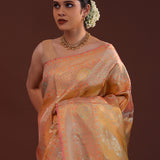 Dark Peach Kanjivaram Tissue Saree With Floral Weaving