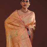 Dark Peach Kanjivaram Tissue Saree With Floral Weaving