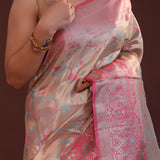Gray Kanjivaram Tissue Saree With Contrast Border