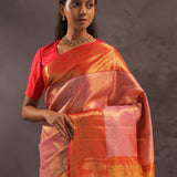 Bubblegum Pink Kanjivaram Tissue Silk Saree With Bright Orange Border
