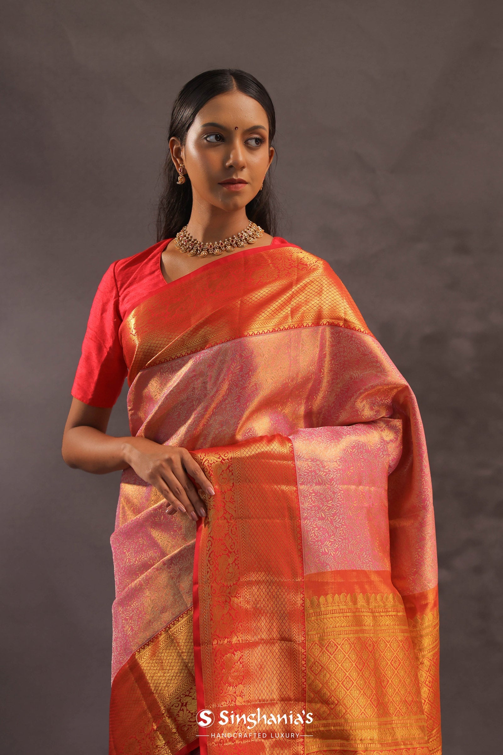 Bubblegum Pink Kanjivaram Tissue Silk Saree With Bright Orange Border