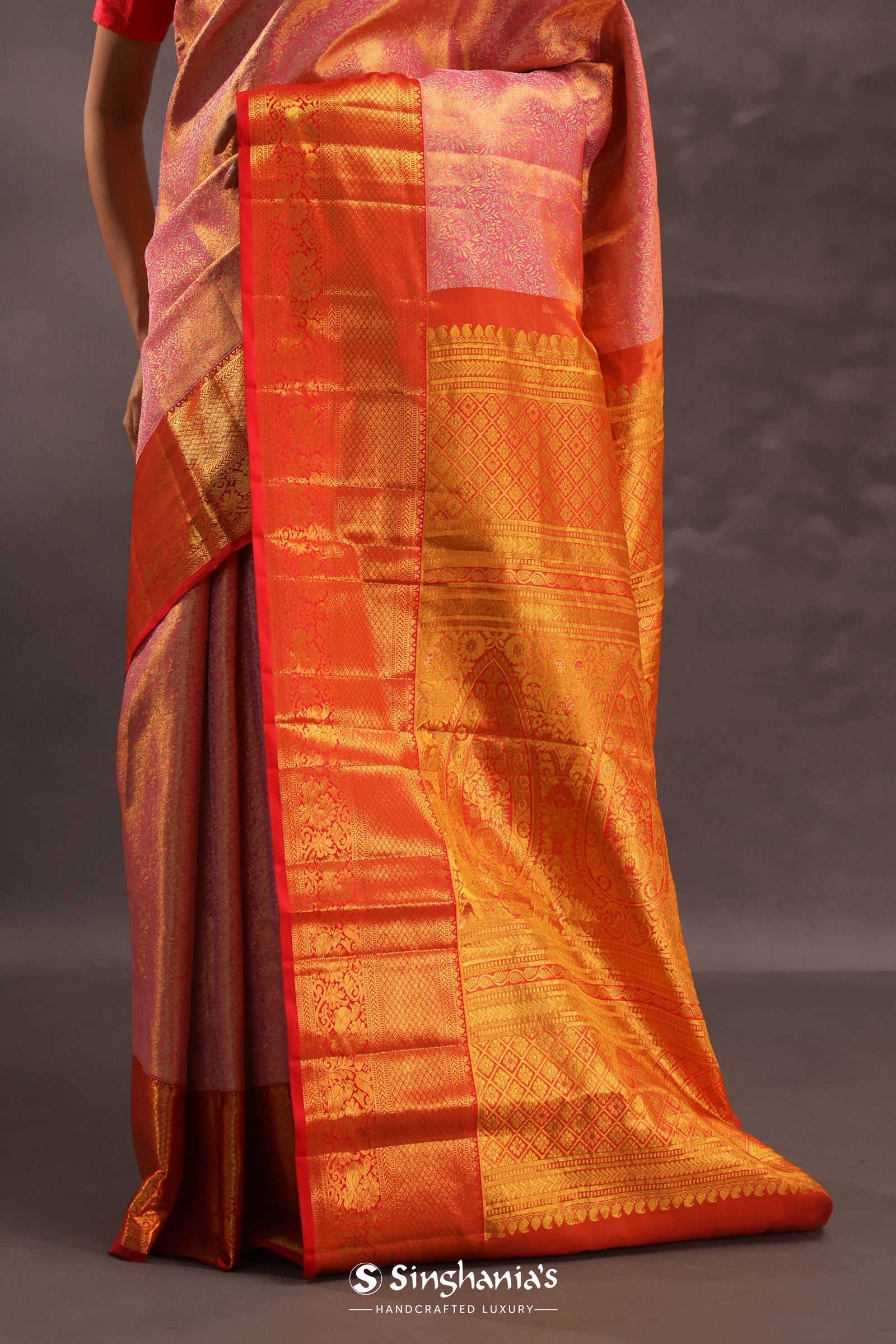 Bubblegum Pink Kanjivaram Tissue Silk Saree With Bright Orange Border