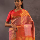 Bubblegum Pink Kanjivaram Tissue Silk Saree With Bright Orange Border