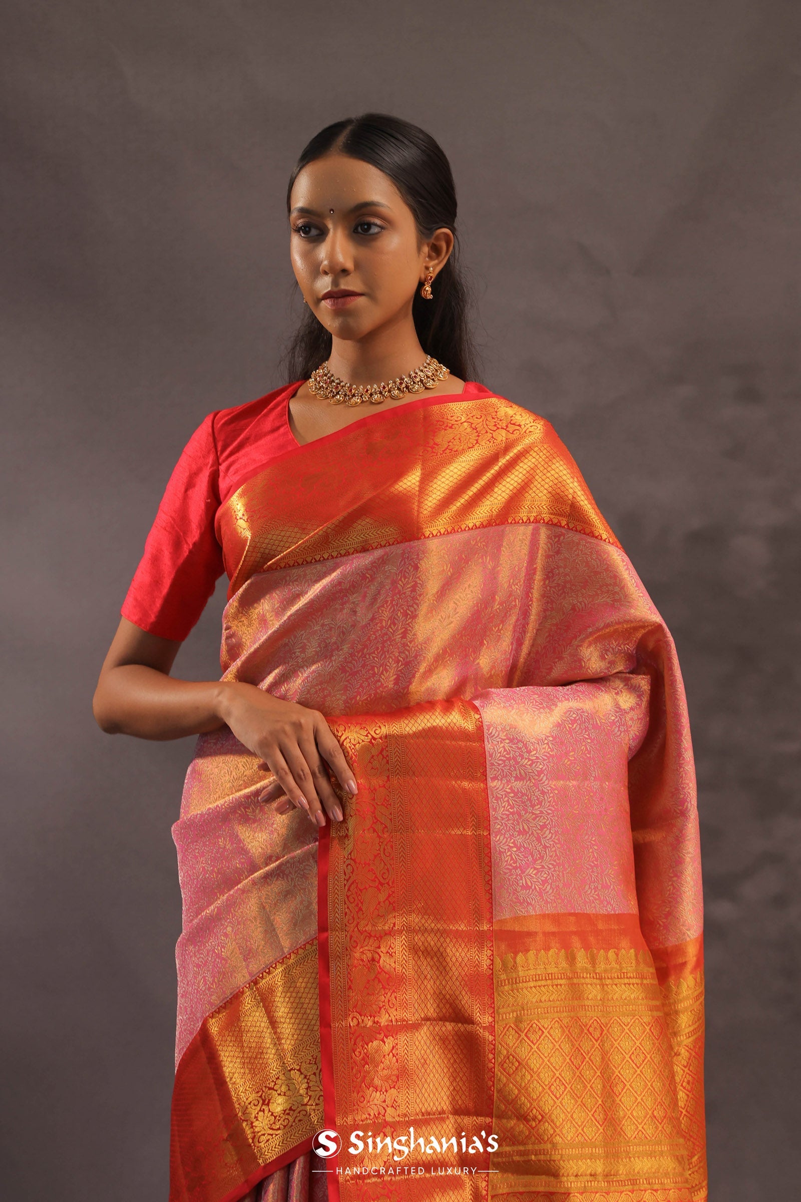 Bubblegum Pink Kanjivaram Tissue Silk Saree With Bright Orange Border