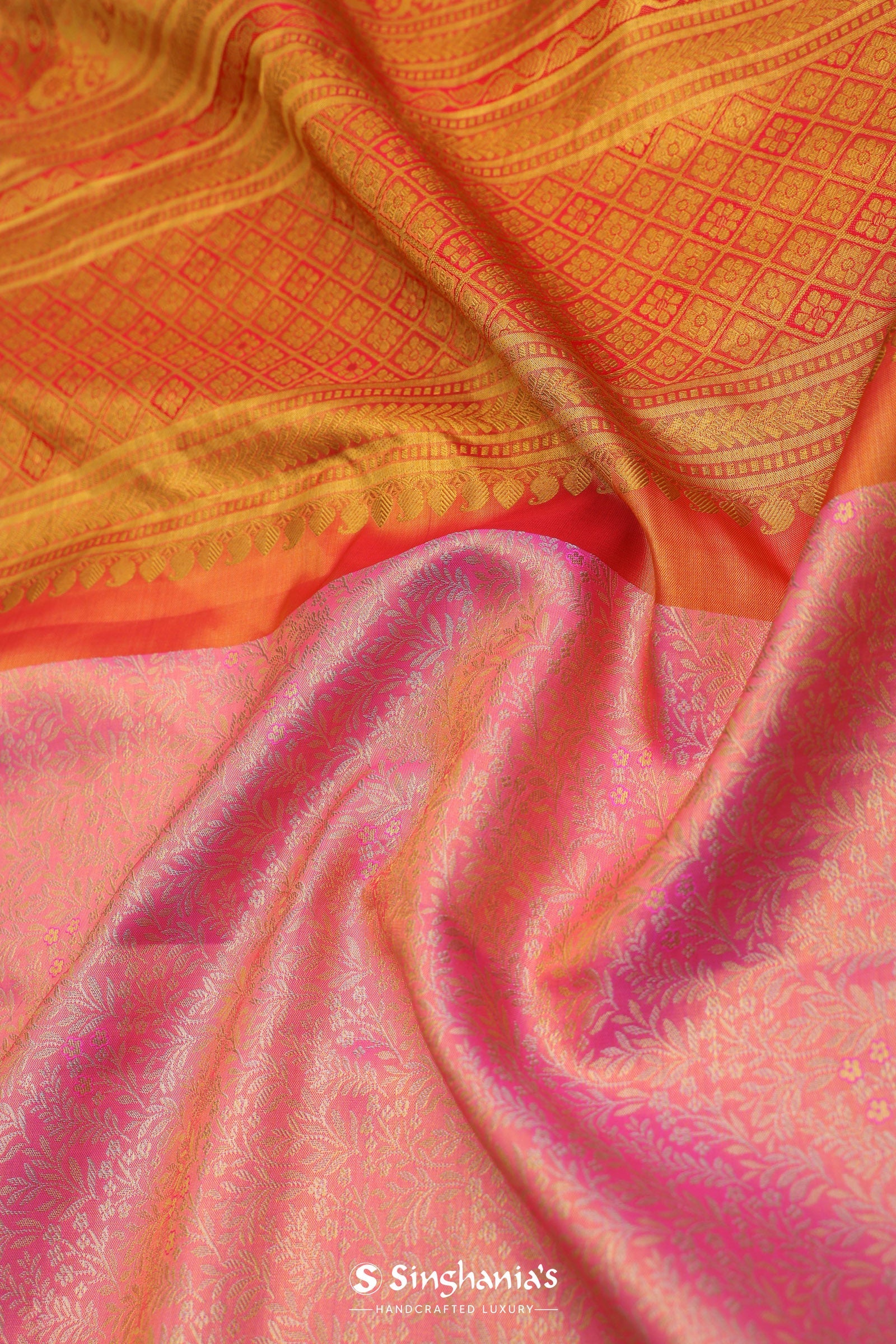 Bubblegum Pink Kanjivaram Tissue Silk Saree With Bright Orange Border