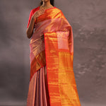 Bubblegum Pink Kanjivaram Tissue Silk Saree With Bright Orange Border