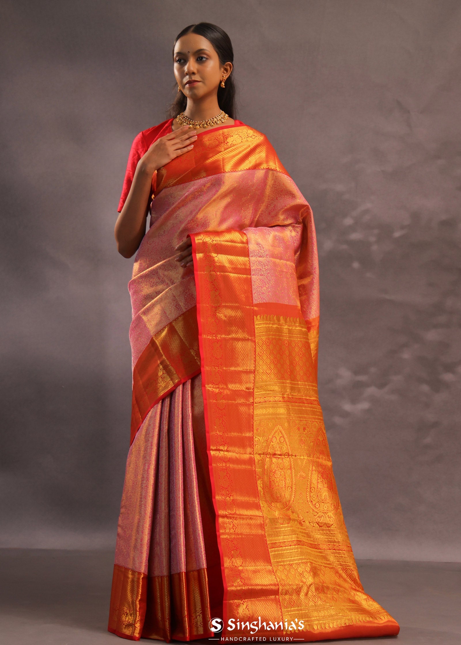 Bubblegum Pink Kanjivaram Tissue Silk Saree With Bright Orange Border