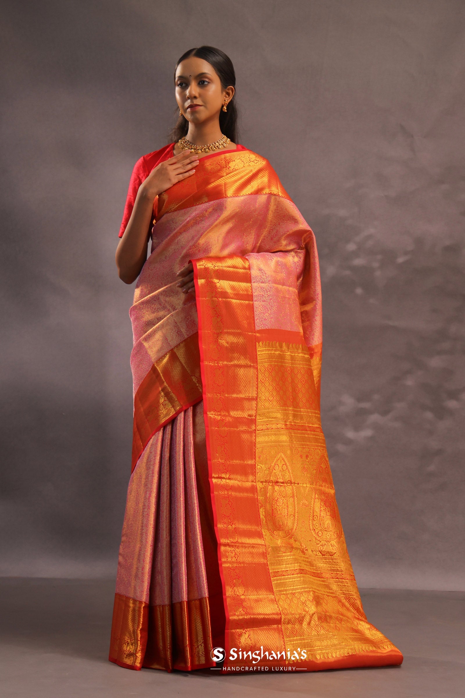 Bubblegum Pink Kanjivaram Tissue Silk Saree With Bright Orange Border