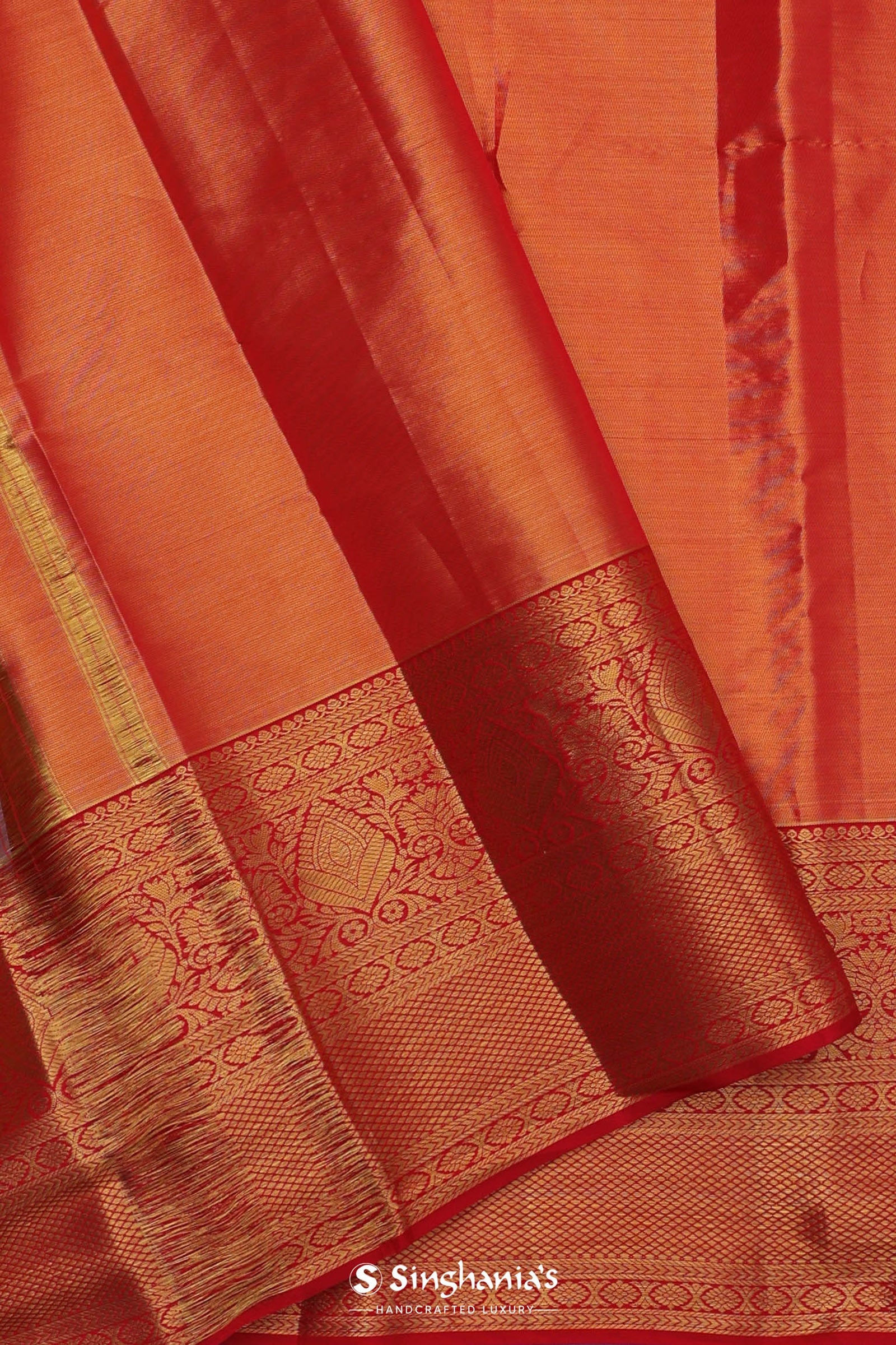 Pistachio Green Kanjivaram Tissue Silk Saree With Vibrant Orange Border