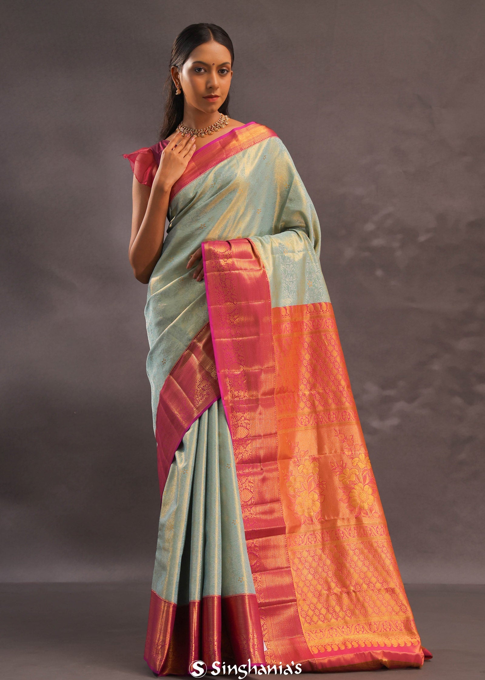 Soft Pistachio Kanjivaram Tissue Silk Saree With Purple Border