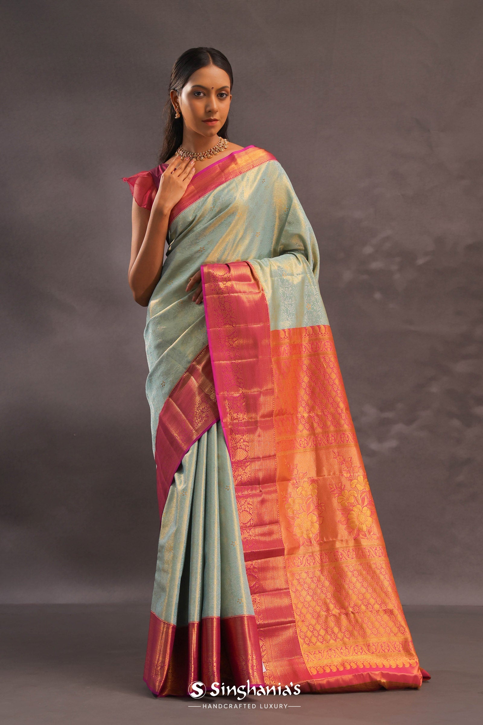 Soft Pistachio Kanjivaram Tissue Silk Saree With Purple Border