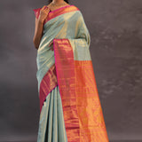 Soft Pistachio Kanjivaram Tissue Silk Saree With Purple Border