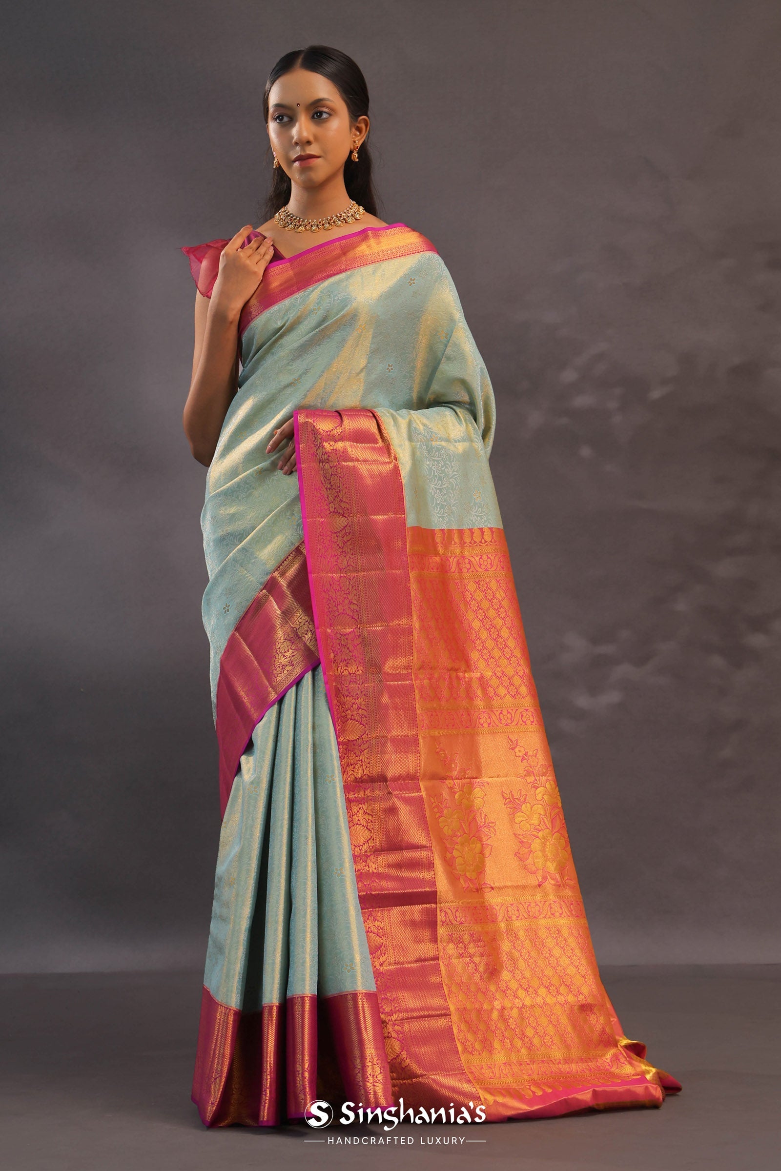 Soft Pistachio Kanjivaram Tissue Silk Saree With Purple Border
