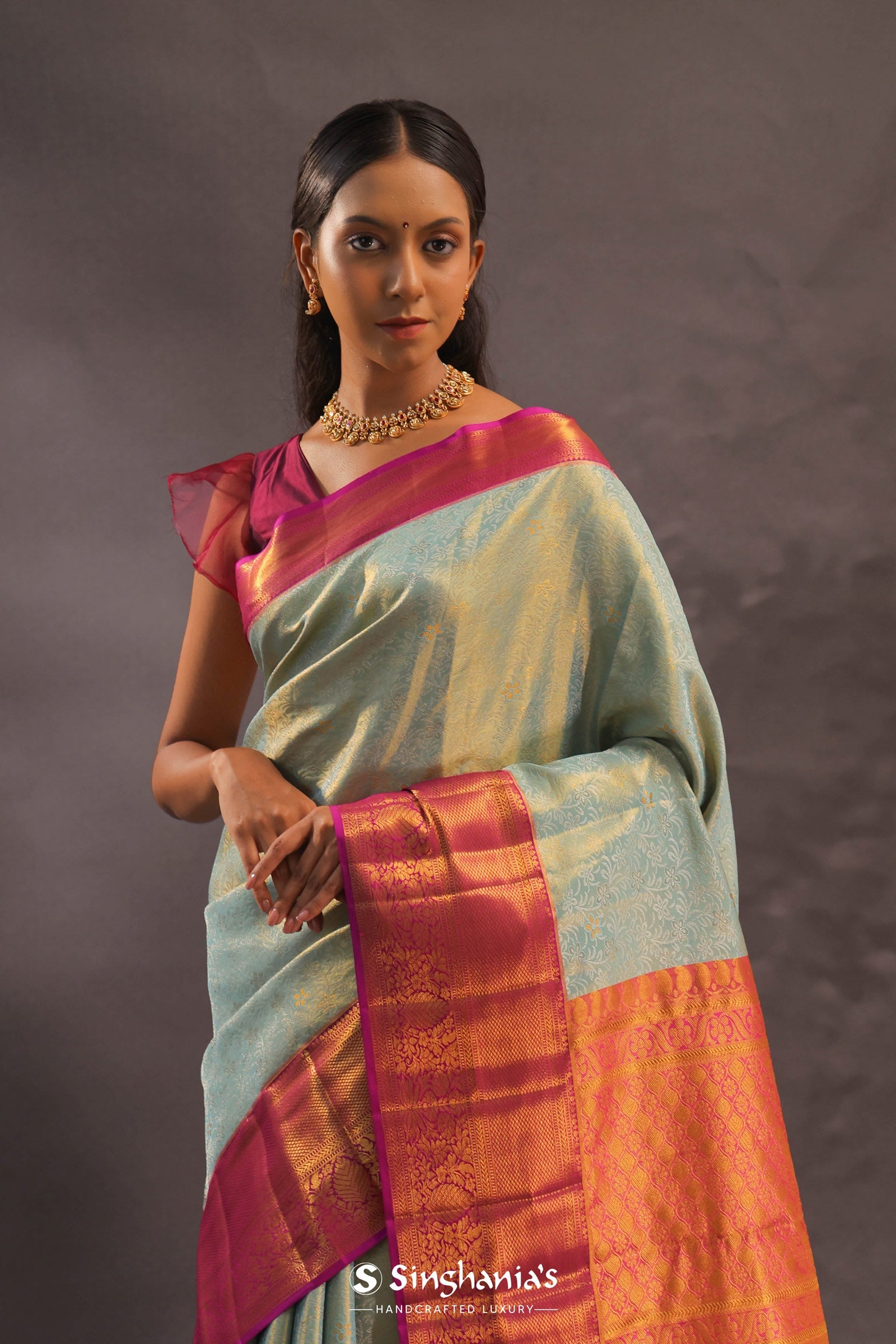 Soft Pistachio Kanjivaram Tissue Silk Saree With Purple Border