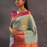 Soft Pistachio Kanjivaram Tissue Silk Saree With Purple Border