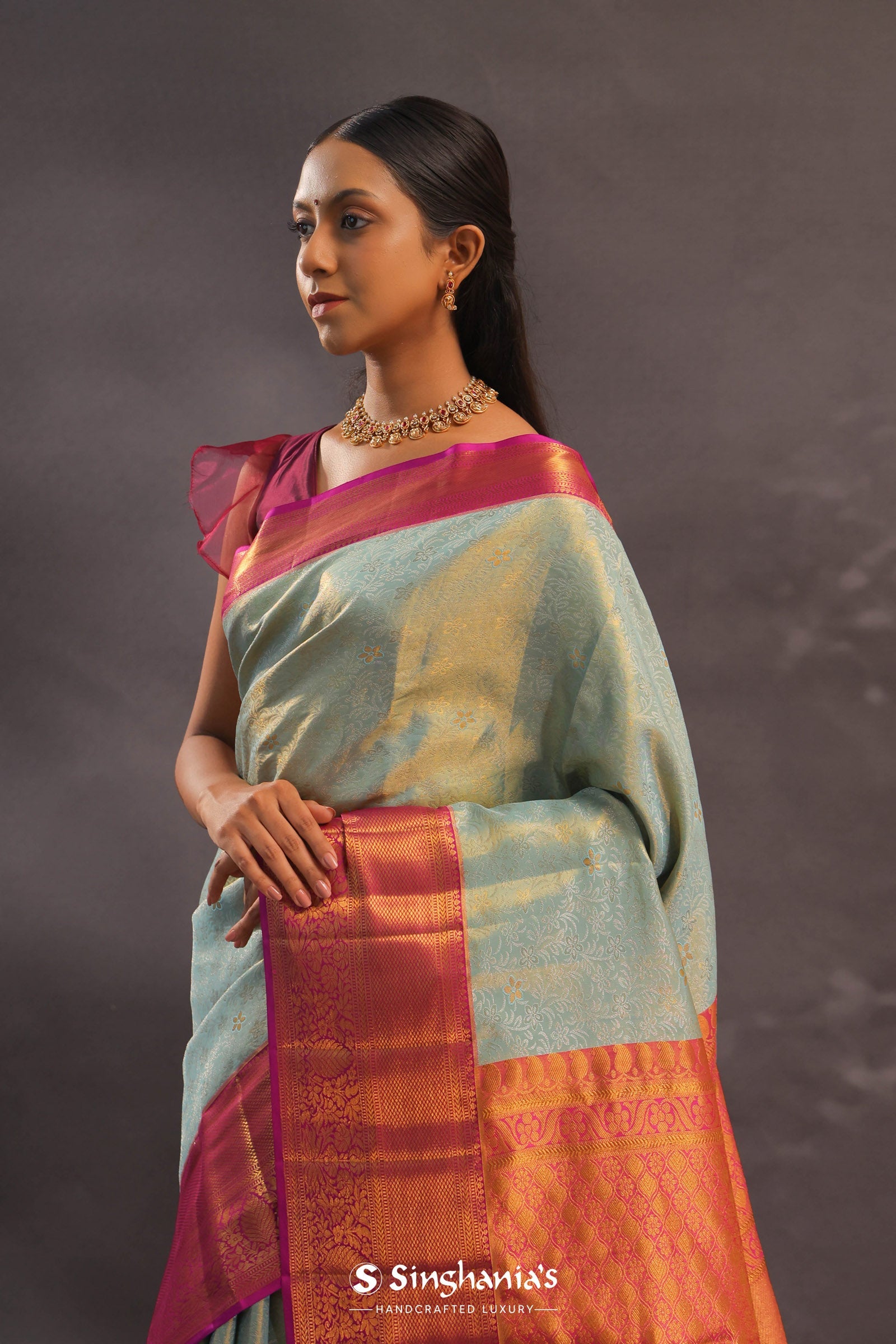 Soft Pistachio Kanjivaram Tissue Silk Saree With Purple Border