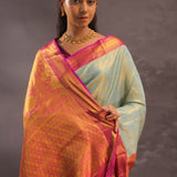 Soft Pistachio Kanjivaram Tissue Silk Saree With Purple Border