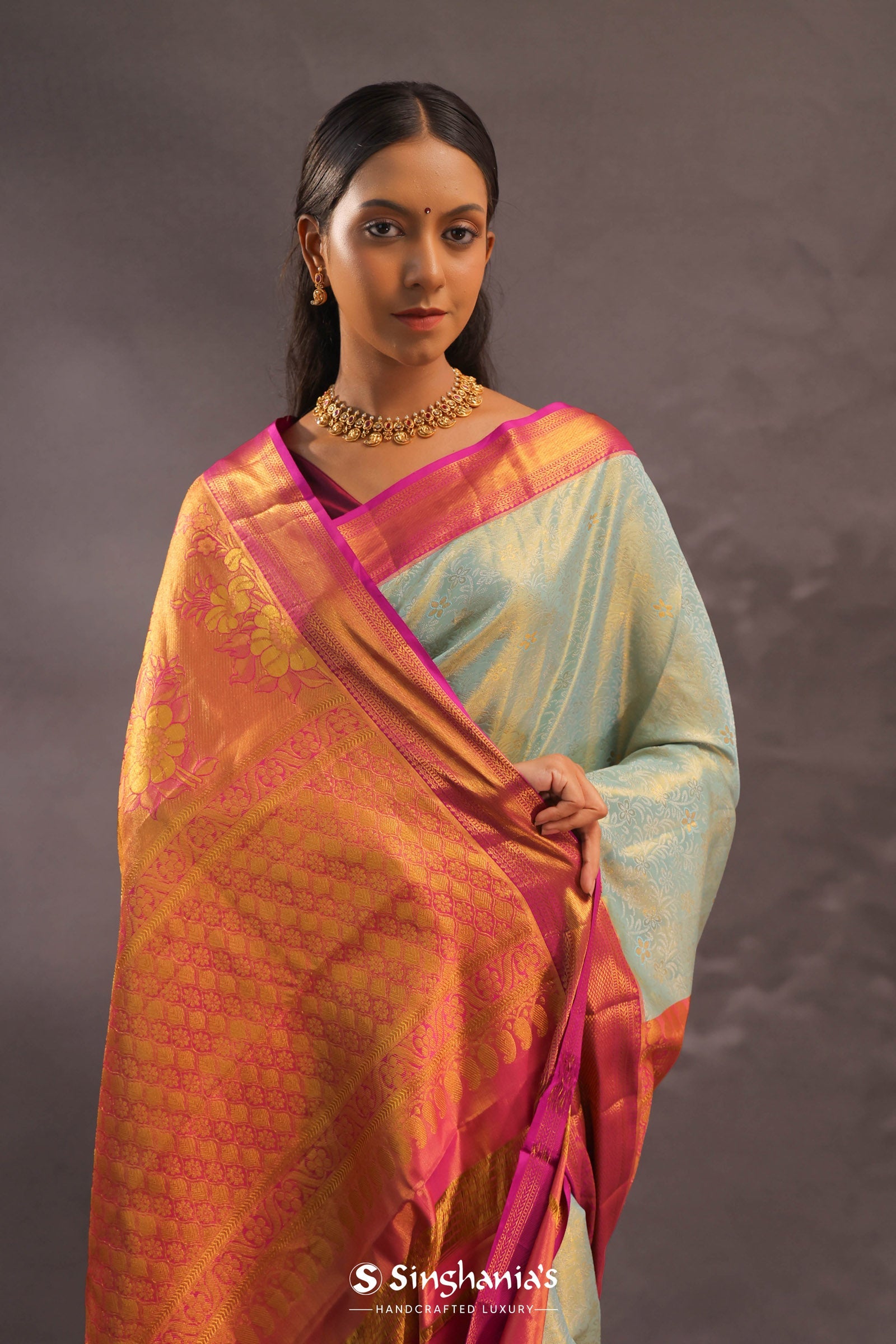 Soft Pistachio Kanjivaram Tissue Silk Saree With Purple Border
