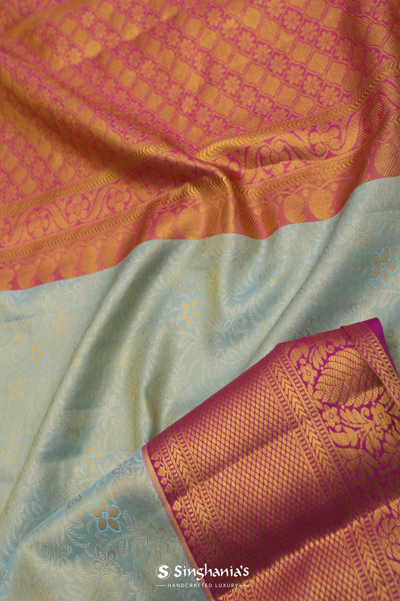 Soft Pistachio Kanjivaram Tissue Silk Saree With Purple Border
