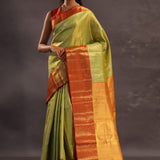 Soft Lime Green Kanjivaram Tissue Silk Saree With Bright Orange Border