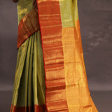 Soft Lime Green Kanjivaram Tissue Silk Saree With Bright Orange Border