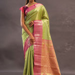 Lime Green Kanjivaram Tissue Silk Saree With Contrast Megenta Border