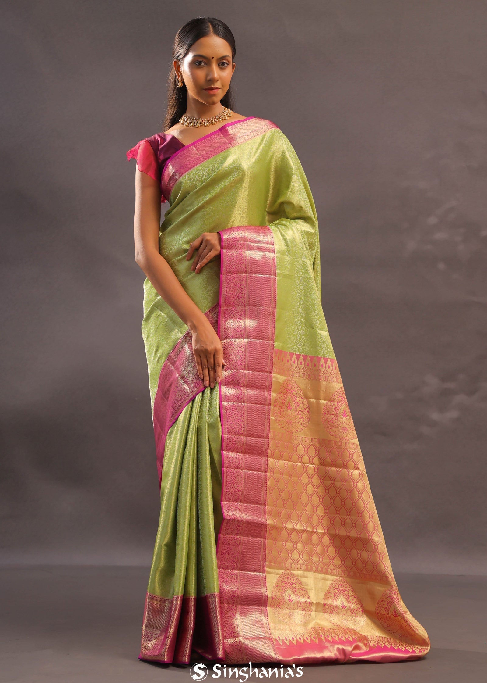 Lime Green Kanjivaram Tissue Silk Saree With Contrast Megenta Border