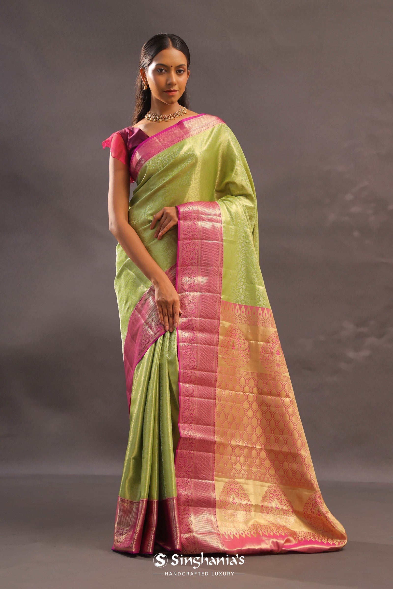 Lime Green Kanjivaram Tissue Silk Saree With Contrast Megenta Border