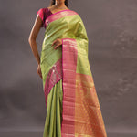 Lime Green Kanjivaram Tissue Silk Saree With Contrast Megenta Border