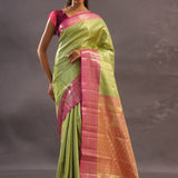 Lime Green Kanjivaram Tissue Silk Saree With Contrast Megenta Border