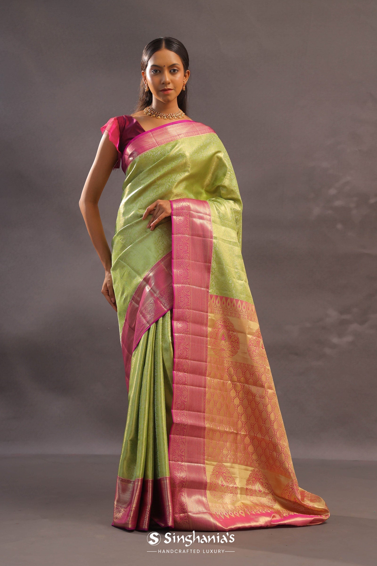 Lime Green Kanjivaram Tissue Silk Saree With Contrast Megenta Border